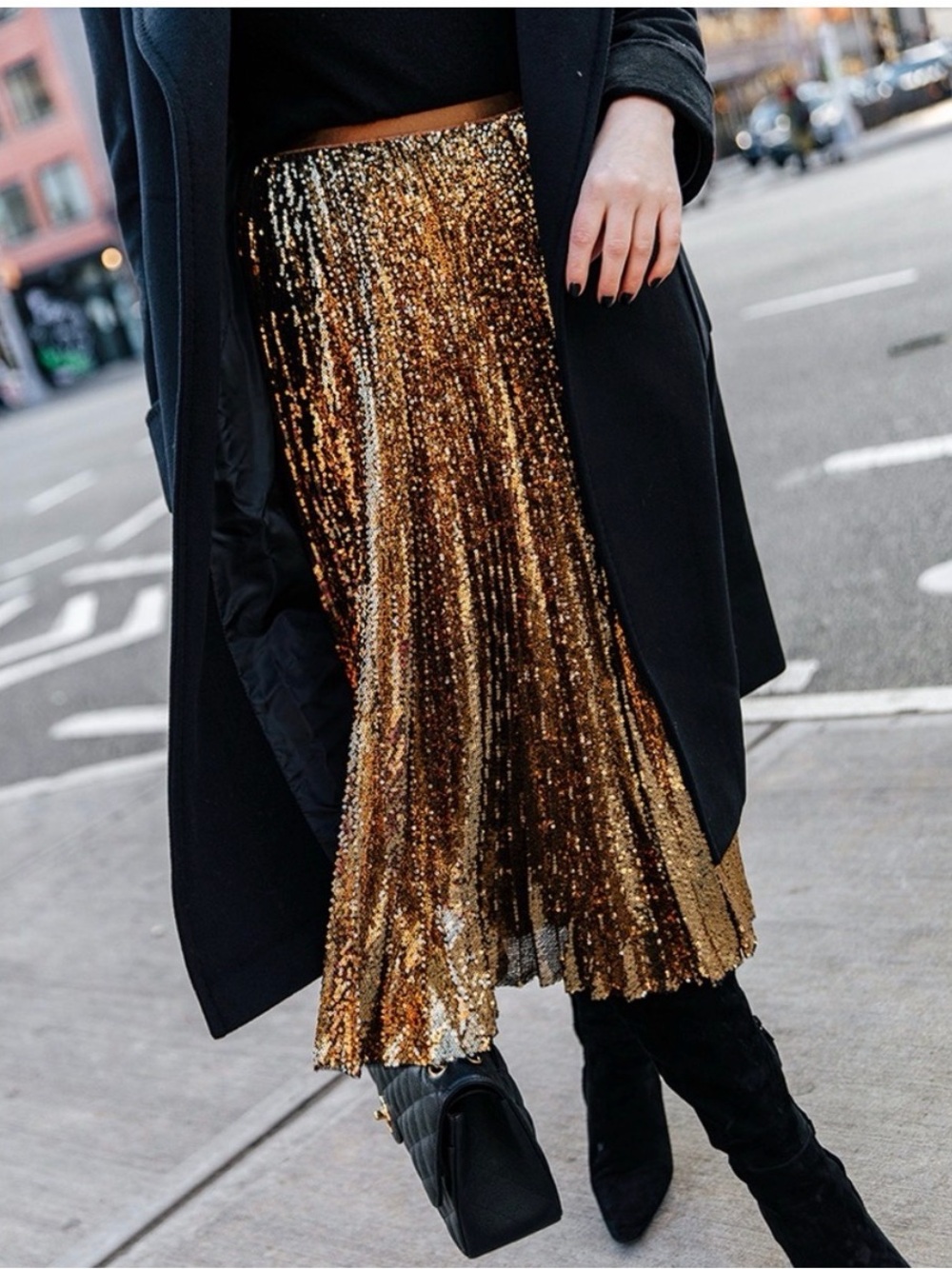 Polo Ralph Lauren Gold Sequin Midi Skirt Size XS Pleated Gold Flare Mid Rise